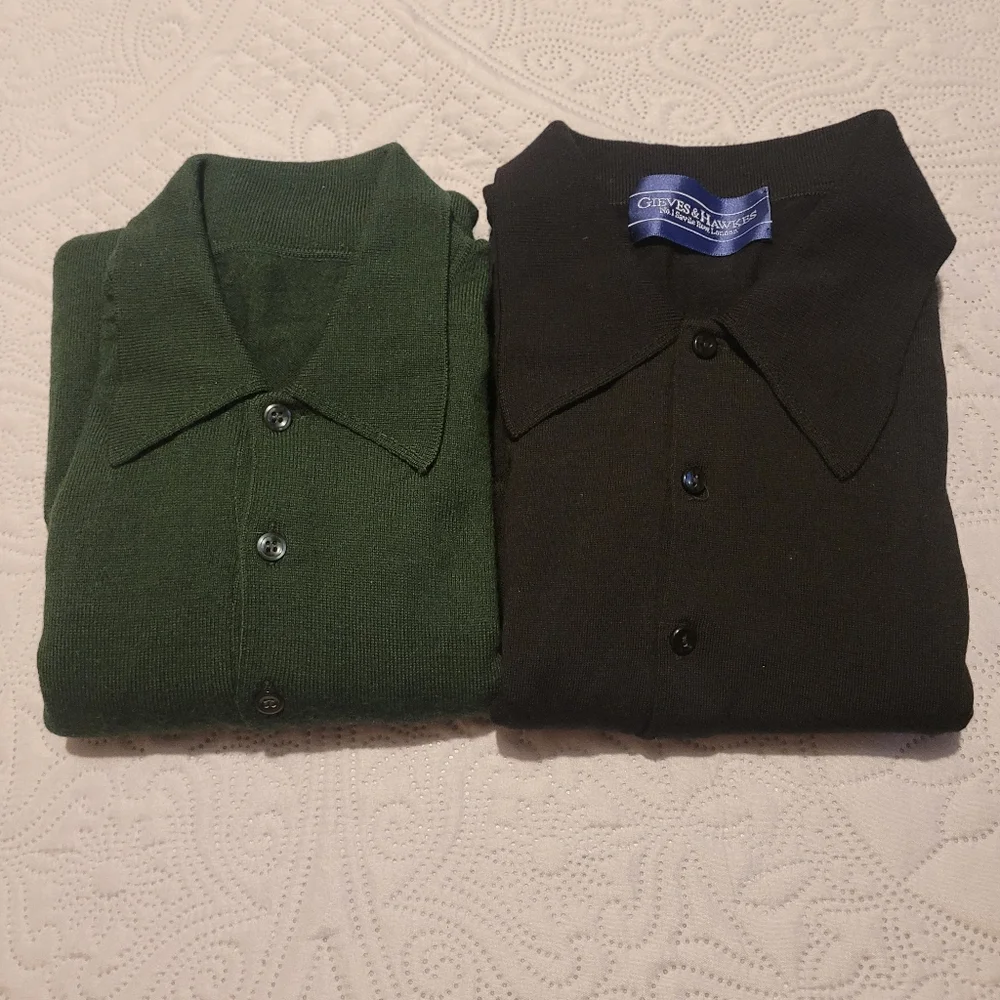 Vtg Gieves Hawkes Collared Sweater Mens Large Pure Wool Pullover Green Black 2pc